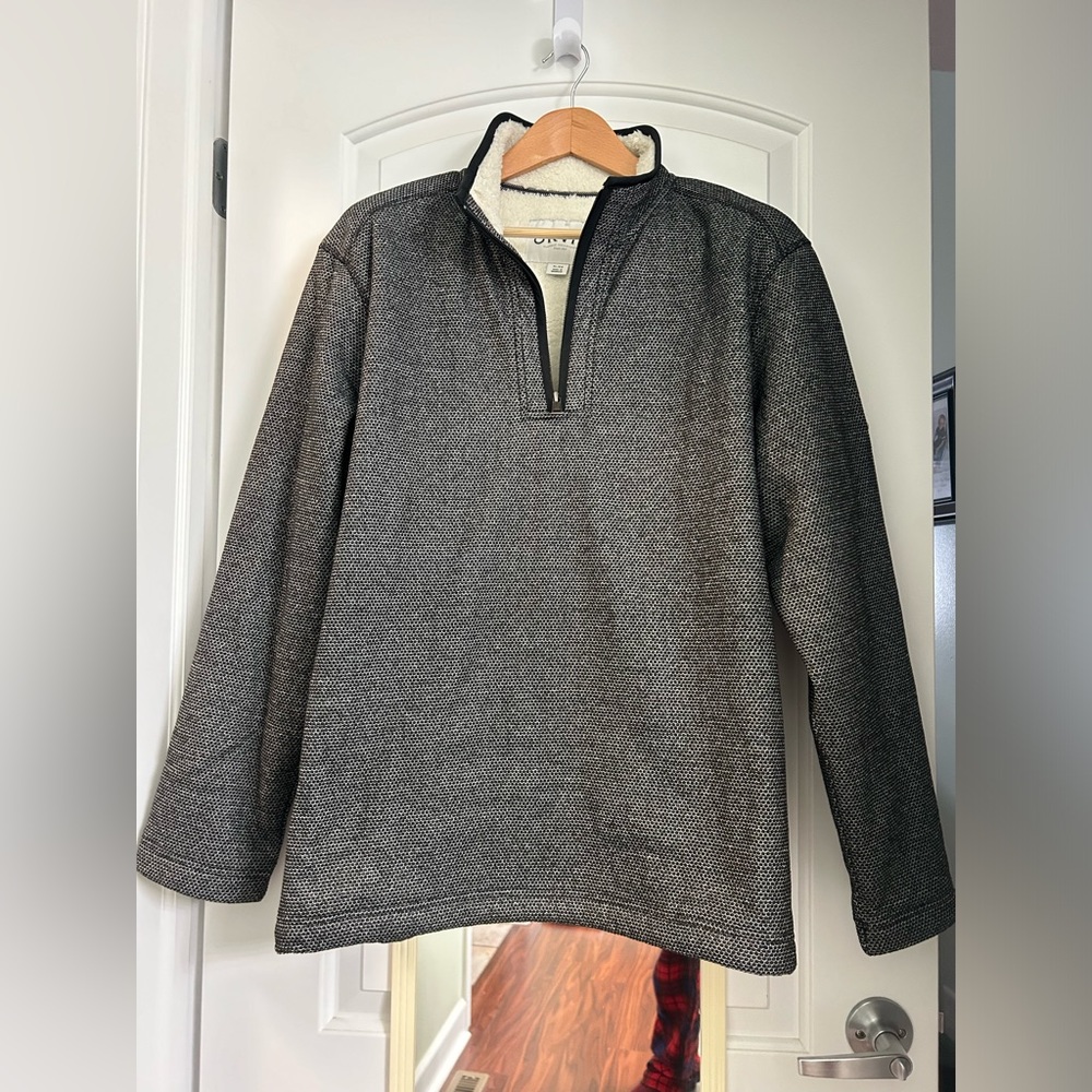 Orvis men’s three-quarter zip Sherpa lined tweed pull over. Size XL.